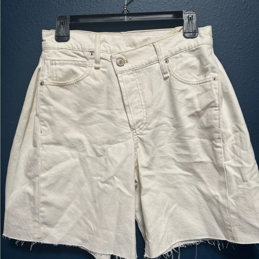Free People Boomerang Long Denim Jorts Cream 25